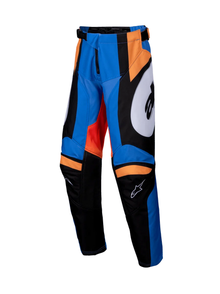Alpinestars 2025 Youth Racer Melt Pants, Motocross Pants, Orange and Blue with Black and White accents, bold graphic panels, pre-curved leg construction, reinforced inner knees, adjustable waist with ratchet closure