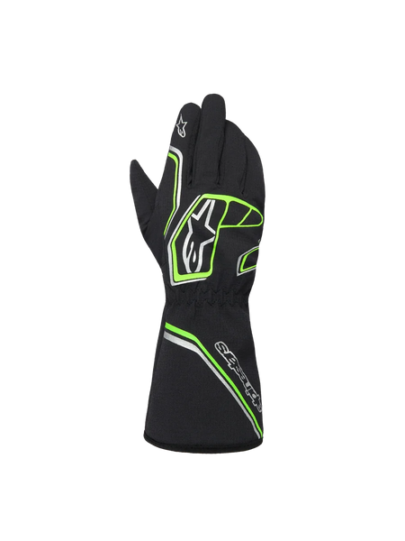 Alpinestars Youth Tempest V3 Waterproof S Gloves, Black with Neon Green and Silver accents, back view showing gauntlet style, fluo green geometric patterns and Astar logos, waterproof karting gloves for youth drivers