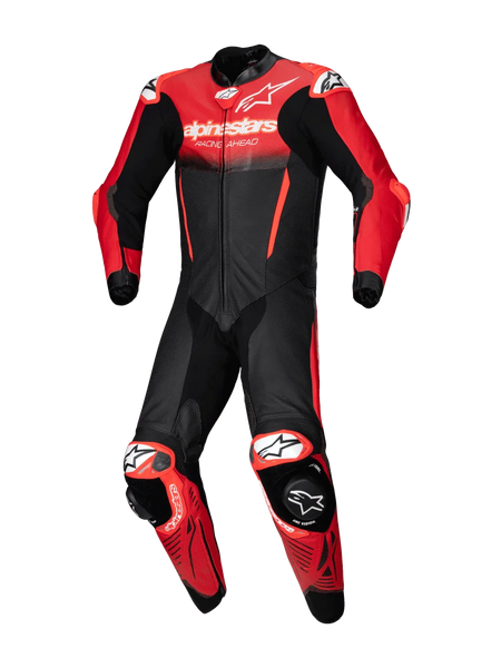 Alpinestars GP-R7 1 Piece Leather Suit, black and red motorcycle racing gear in bovine leather with CE AAA certification.
