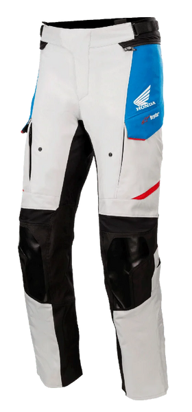 Alpinestars Honda Andes V3 Drystar® Pants, Motorcycle Touring Pants, Ice Gray with Blue panels and Bright Red accents, featuring black reinforced knees and inner leg panels, zippered ventilation ports on thighs, Honda wing logo, waterproof adventure gear