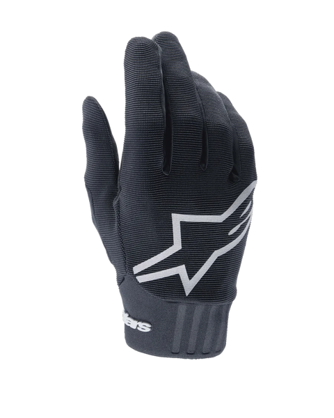 Alpinestars Women's Stella A-Dura Gloves, Black MTB Gloves, prominent white star logo on the back, ribbed textile texture, snug fit with neoprene cuff for mountain biking
