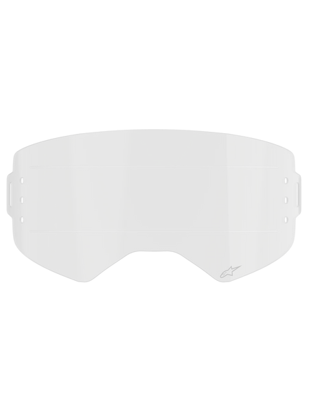 Alpinestars Supertech Roll Off Film, Clear Replacement Goggle Lens, transparent injection-molded polycarbonate with horizontal Glide Lines, featuring subtle Alpinestars logo, designed for motocross roll-off systems
