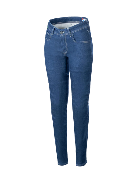 Alpinestars Daisy V3 Women's Riding Denim, slim fit blue urban motorcycle pants with stretch cotton and CE certified armor.