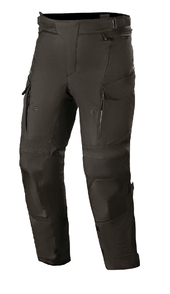 Alpinestars Andes V3 Drystar Pants, Motorcycle Adventure Touring Pants, Black, waterproof and breathable textile construction, featuring cargo-style pockets, reinforced knee areas, and zippered thigh vents for all-weather riding