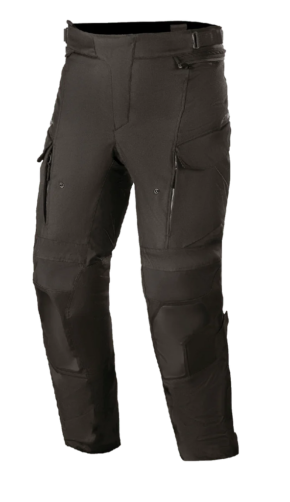 Alpinestars Andes V3 Drystar Pants, Motorcycle Adventure Touring Pants, Black, waterproof and breathable textile construction, featuring cargo-style pockets, reinforced knee areas, and zippered thigh vents for all-weather riding