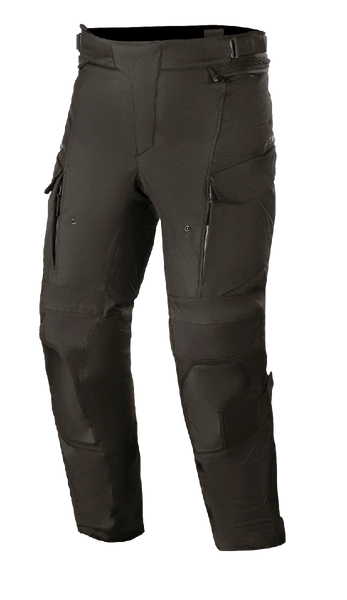 Alpinestars Andes V3 Drystar Pants, Motorcycle Adventure Touring Pants, Black, waterproof and breathable textile construction, featuring cargo-style pockets, reinforced knee areas, and zippered thigh vents for all-weather riding