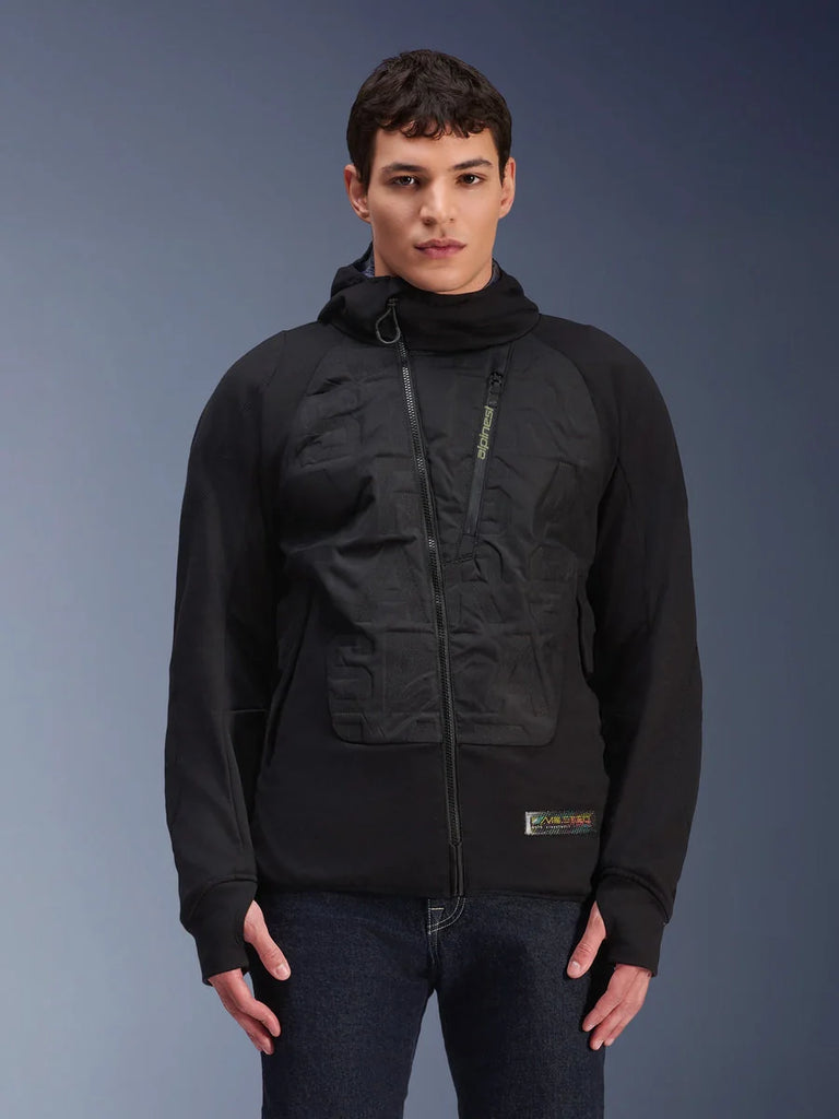 Alpinestars MO.ST.EQ Hybrid Hooded Jacket, Black urban motorcycle jacket, model wearing mid-season padded hoodie with angled front zipper, seamless padded chest panels, thumb loops, and a hood, modern streetwear-inspired riding gear