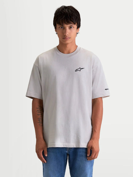 Alpinestars Mandate Oversized CSF Tee, Casual Short Sleeve Sportswear T-Shirt for Men and Women, Cement Gray with Black Puff-Print Astars Logo, Relaxed Oversized Fit, Cotton-Poly Blend, On Model.
