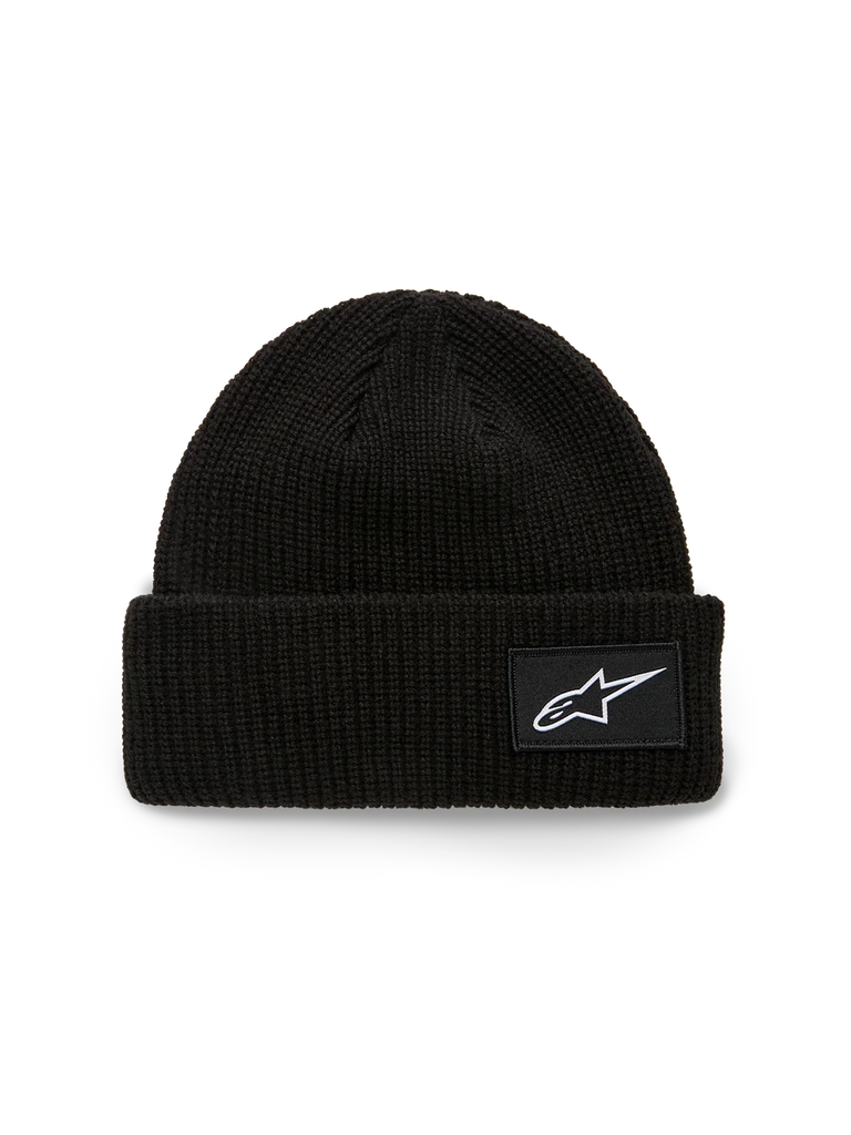 Alpinestars Unload Rib Cuff Beanie, Knit Beanie, Black, featuring a ribbed cuff with a white Astars logo woven patch, shallow fit, casual sportswear