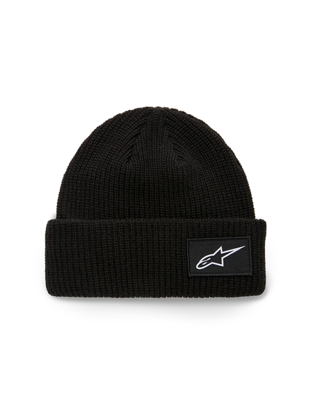 Alpinestars Unload Rib Cuff Beanie, Knit Beanie, Black, featuring a ribbed cuff with a white Astars logo woven patch, shallow fit, casual sportswear