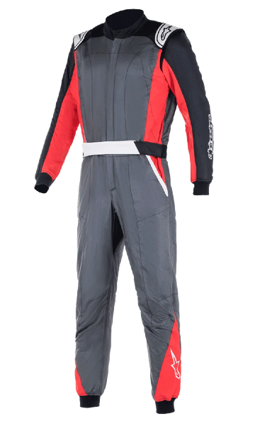 Alpinestars Atom FIA Suit, Professional Auto Racing Suit, Anthracite Gray with Red and Black Panels, featuring white shoulder epaulettes and logo branding, two-layer construction for heat and flame protection