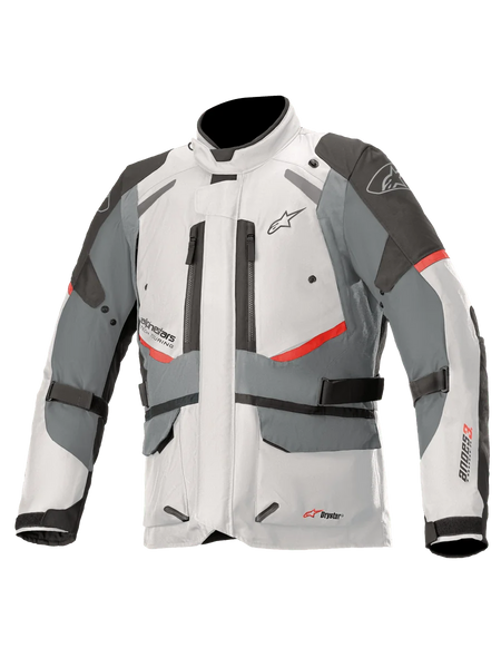 Alpinestars Andes V3 Drystar Jacket, adventure touring motorcycle jacket, ice gray and dark gray with red accents, waterproof textile construction with adjustment straps and zippered vents, high collar design for all-weather protection