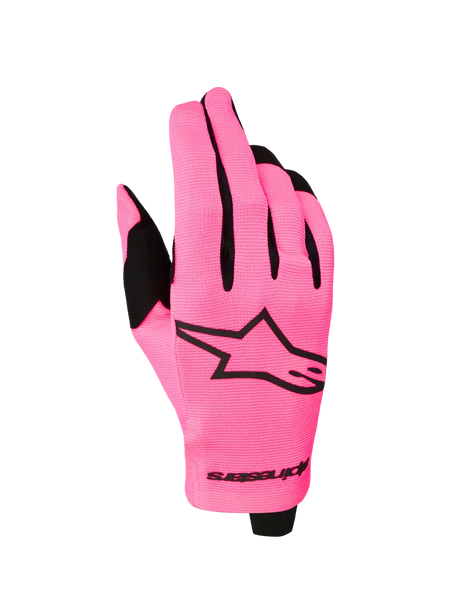Alpinestars Radar Gloves 2027, lightweight motocross racing gloves in Pink Fluo and Black with a stretch textile backhand.