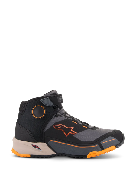 Alpinestars CR-X Drystar® Riding Shoes, Motorcycle Urban Shoes, Black Gray and Orange with Light Brown midsole, high-top design with Velcro ankle strap, featuring bright orange branding and rugged sole with orange accents