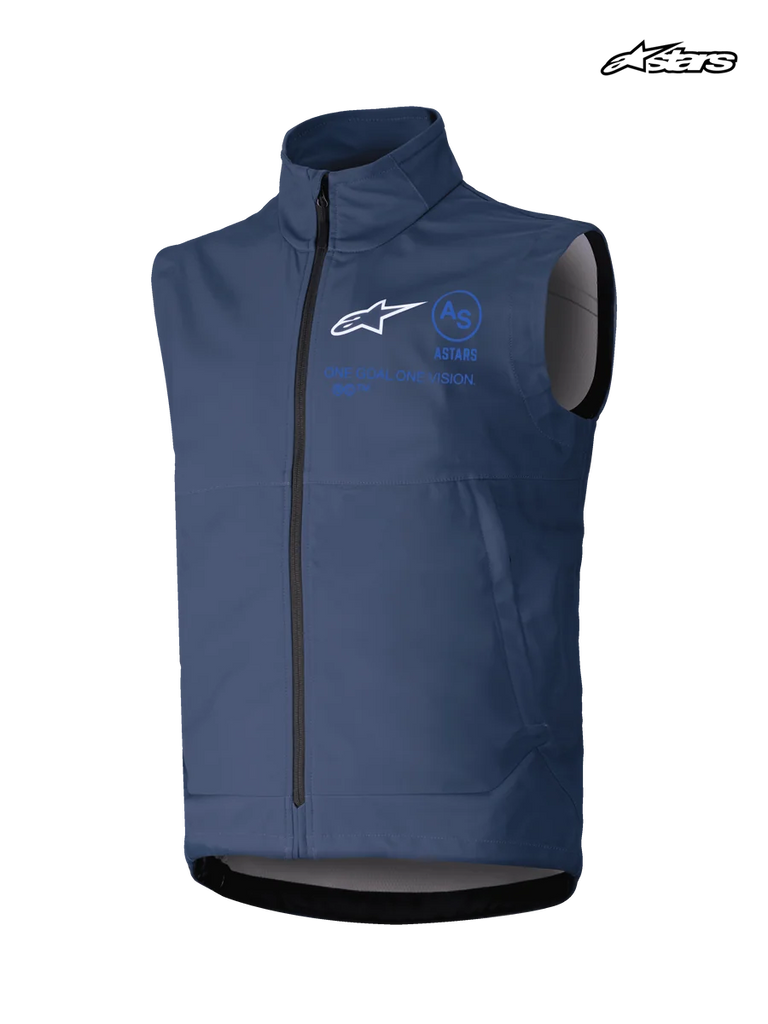 Alpinestars Techstar Softshell Vest, men's motocross riding vest, navy, windproof stretch softshell construction with full front zipper and branding graphics