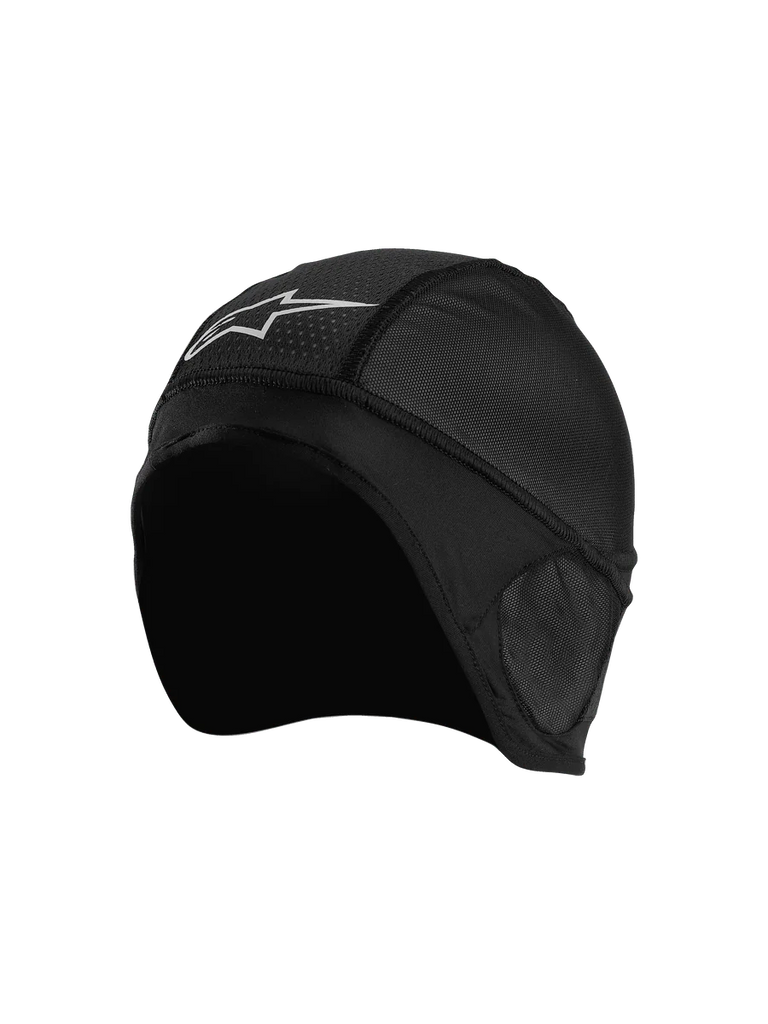 Alpinestars Balaclava Skull Cap, Black, Motorcycle Helmet Liner, featuring breathable mesh panels, white star logo, ergonomic design with flat-lock seams for under-helmet comfort