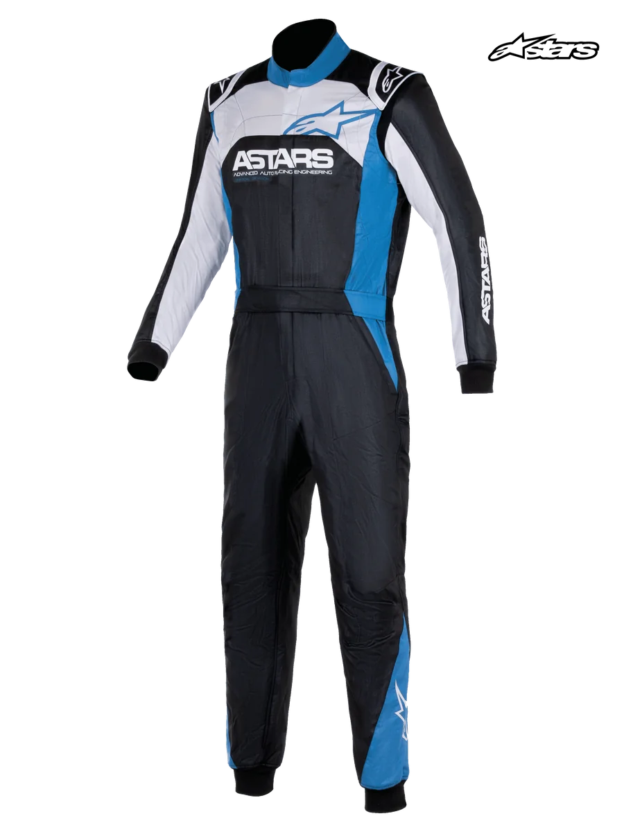 Alpinestars Atom Graphic 4 Suit - FIA, men's auto racing suit in black, silver, and blue, front view showing two-layer aramidic construction and FIA 8856-2018 certification