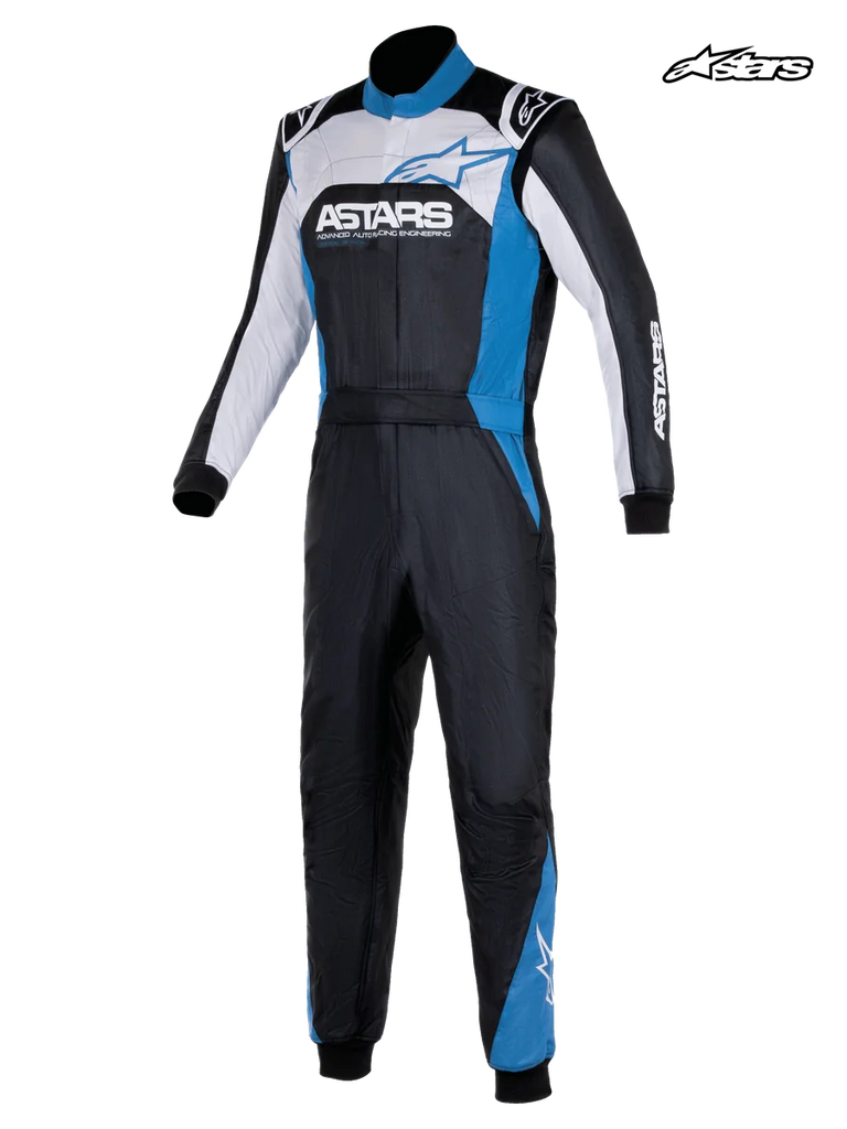 Alpinestars Atom Graphic 4 Suit - FIA, men's auto racing suit in black, silver, and blue, front view showing two-layer aramidic construction and FIA 8856-2018 certification