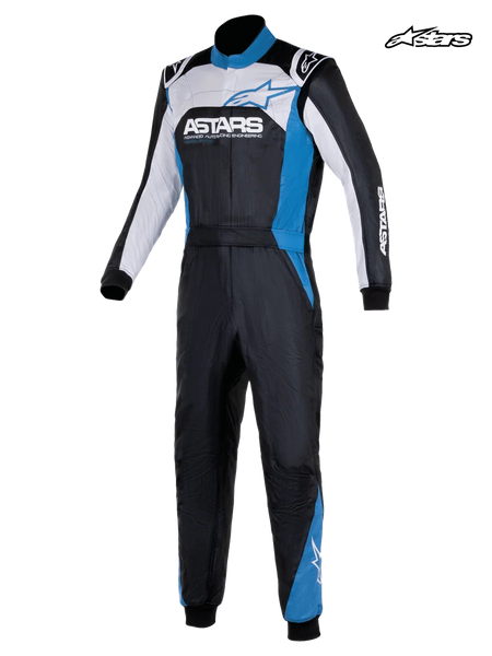Alpinestars Atom Graphic 4 Suit - FIA, men's auto racing suit in black, silver, and blue, front view showing two-layer aramidic construction and FIA 8856-2018 certification
