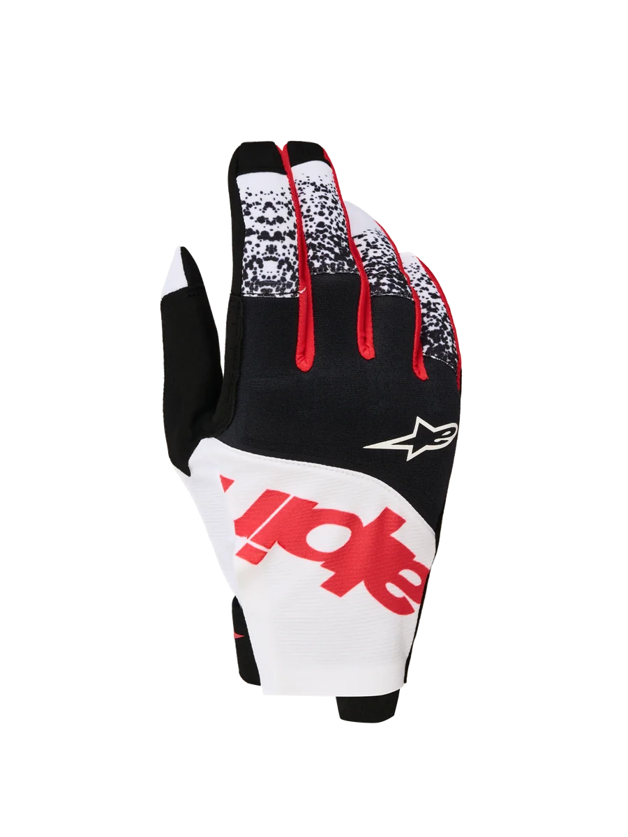 Alpinestars Techstar Gloves 2027, Men's motocross gloves in black, white, and red fluo featuring a stretch micro ripstop.