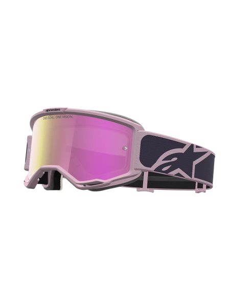 Alpinestars Vision 5 Rora Motocross Goggles in graystone and pink with a pink mirror lens and pliable A-FLEX urethane frame.