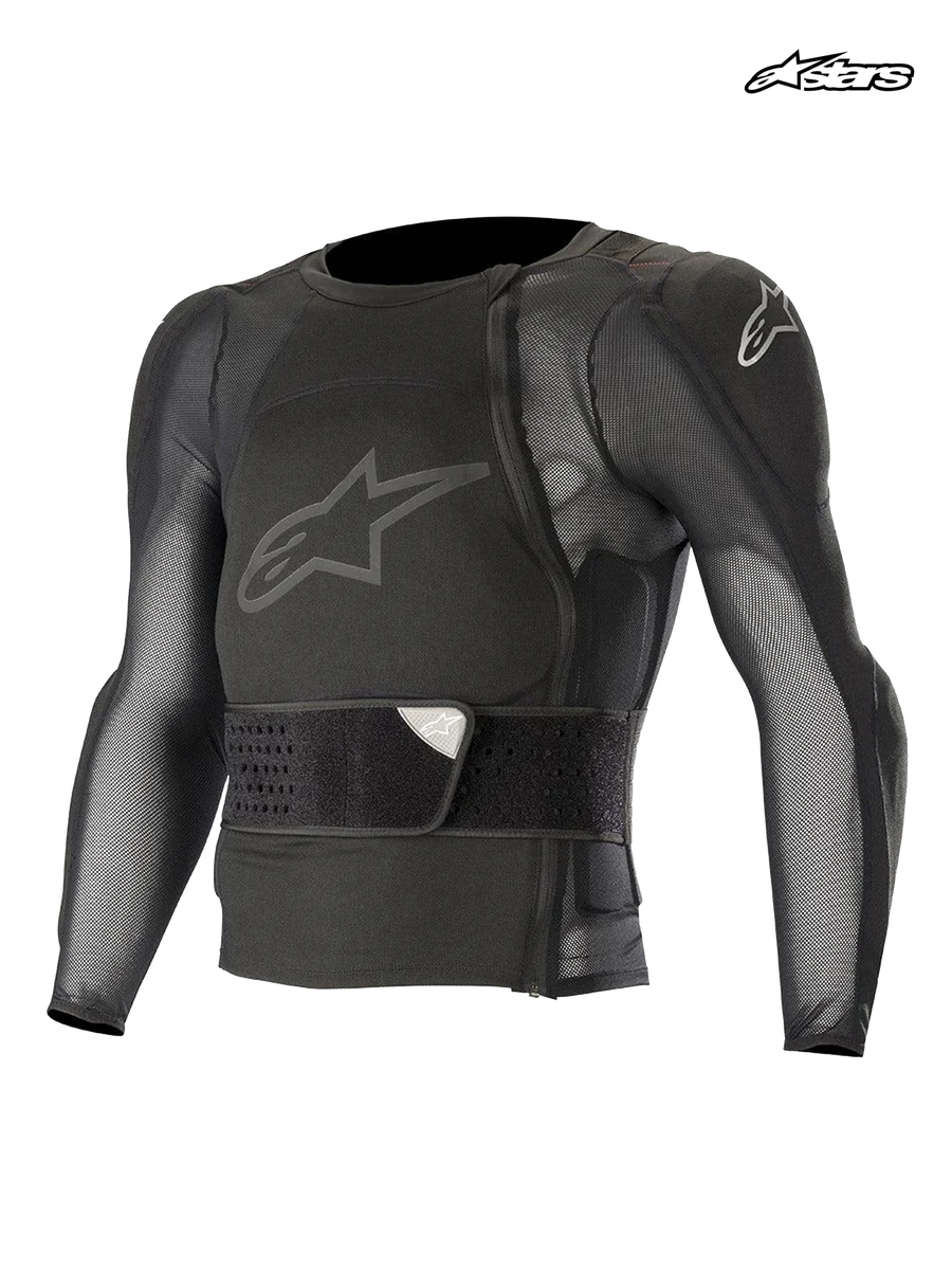 Alpinestars Paragon Pro Protection Jacket - Long Sleeve, mountain bike long-sleeve protection jacket, black, mesh construction with integrated chest protector and waist belt, front view of technical MTB protective gear