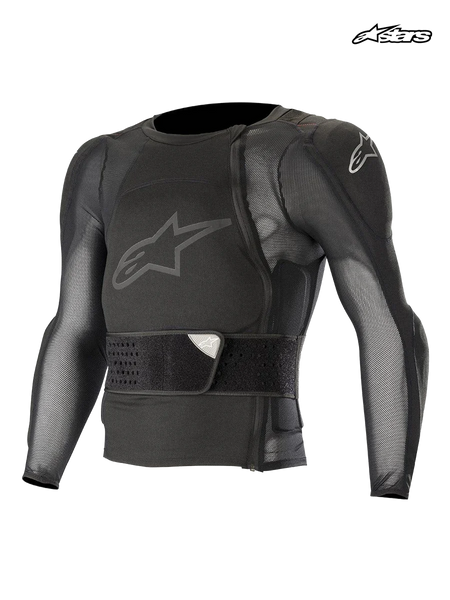 Alpinestars Paragon Pro Protection Jacket - Long Sleeve, mountain bike long-sleeve protection jacket, black, mesh construction with integrated chest protector and waist belt, front view of technical MTB protective gear