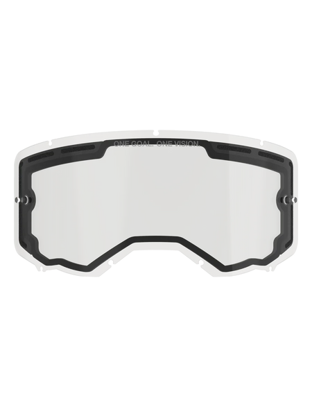 Alpinestars Vision 8-5-3 Dual Pane Lens, Clear replacement lens for motocross goggles, featuring a black inner seal with top ventilation ports, side tear-off posts, "ONE GOAL ONE VISION" branding on the upper border, off-road racing accessory