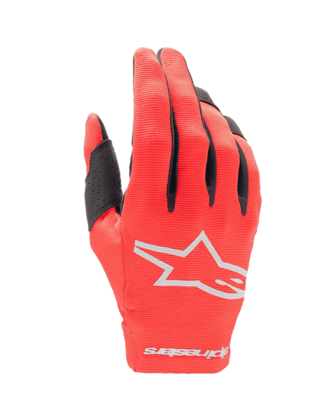 Alpinestars Youth 2024 Radar Gloves, Motocross Gloves, Mars Red and Silver, backhand view featuring a white star logo and wordmark on the cuff, lightweight stretch fabric with black finger accents, durable youth off-road racing gear