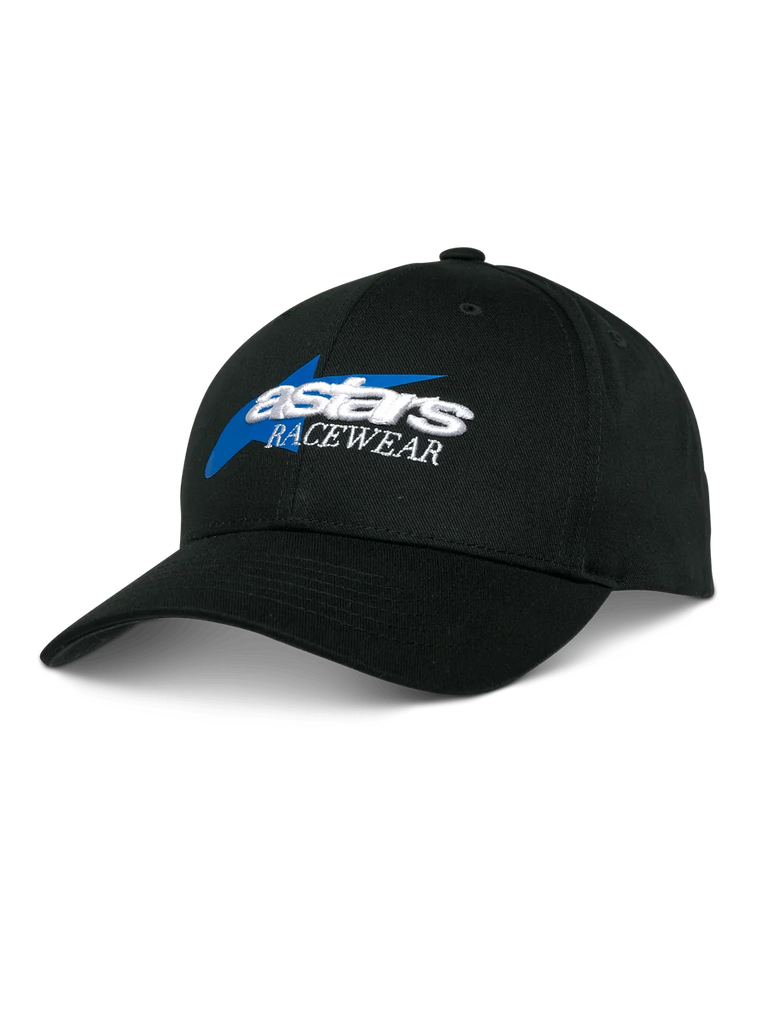 Alpinestars Profile Hat, Black Baseball Cap, Blue and White Astars Racewear Embroidery, Structured Crown with Curved Bill, Casual Motorsports Headwear