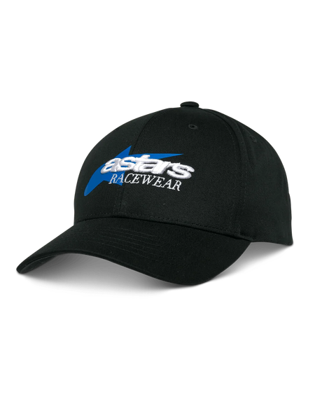 Alpinestars Profile Hat, Black Baseball Cap, Blue and White Astars Racewear Embroidery, Structured Crown with Curved Bill, Casual Motorsports Headwear