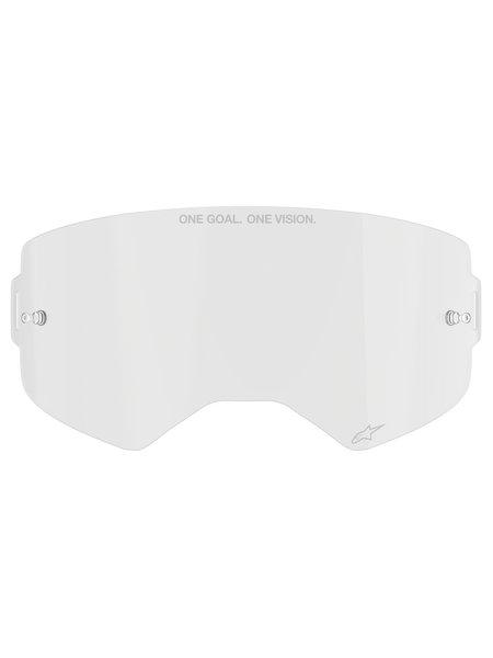 Alpinestars Supertech Clear Lens, replacement motocross goggle lens, transparent impact-resistant polycarbonate, "ONE GOAL. ONE VISION." text on top and small logo detail, features side mounting points for tear-offs
