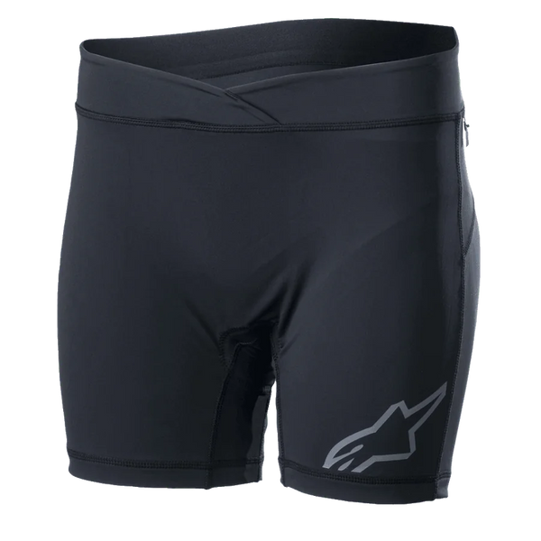 Alpinestars Women Stella Drop Inner Shorts, Black cycling base layer, form-fitting compression shorts with a crossover waistband, gray Alpinestars logo on the leg, moisture-wicking stretch fabric for MTB and Enduro