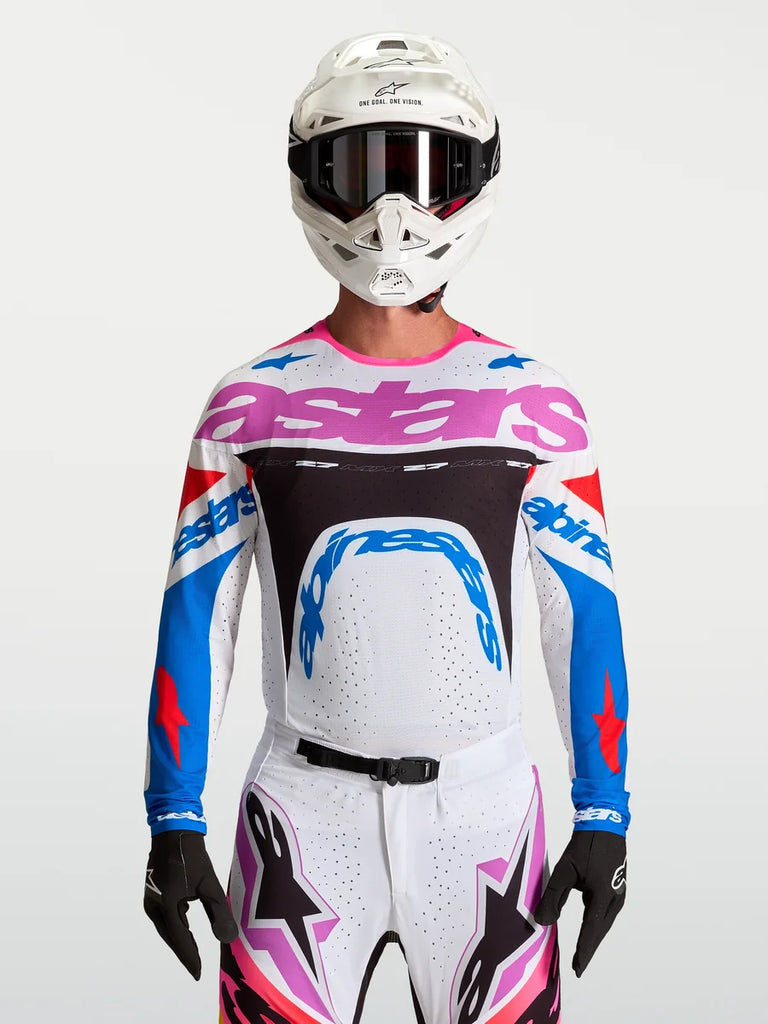 Alpinestars Supertech Dyna Jersey, white and blue men's motocross racing top with breathable lightweight stretch mesh.