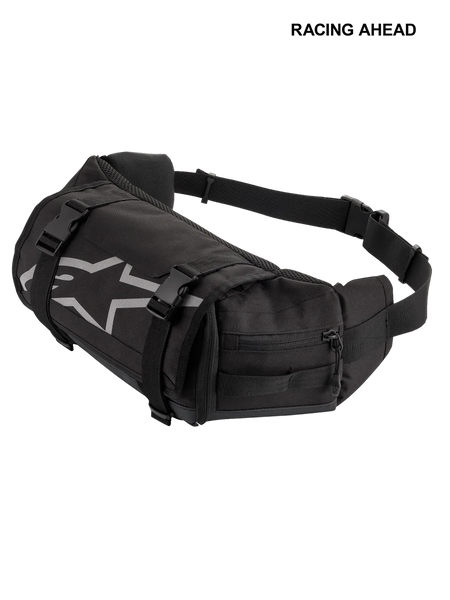 Alpinestars Tech Tool Pack, Black, durable motorcycle tool waist bag, featuring grey Alpinestars star logo, adjustable compression straps with plastic buckles, and zippered side compartments for enduro and off-road use