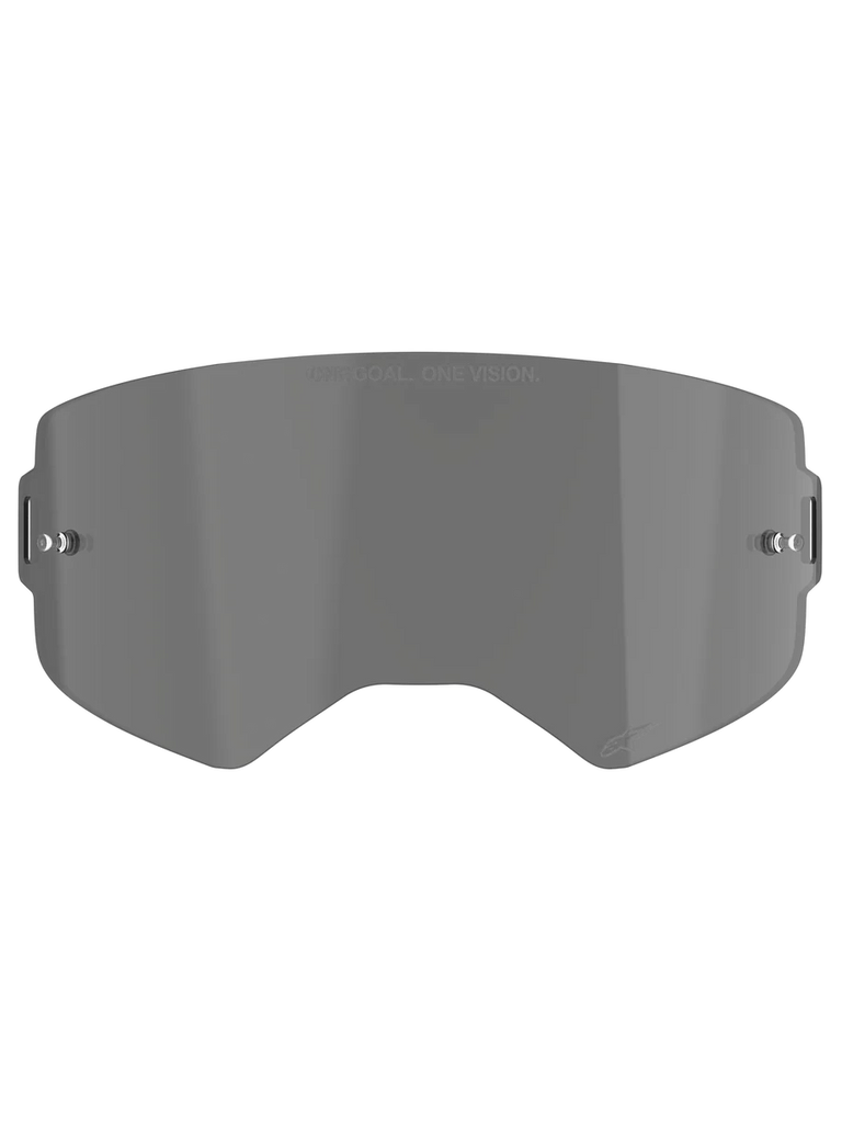 Alpinestars Supertech Smoke Lens, Dark Smoke replacement lens for motocross goggles, curved injection-molded polycarbonate shield with tear-off posts, featuring 'ONE GOAL. ONE VISION.' branding and Alpinestars star logo