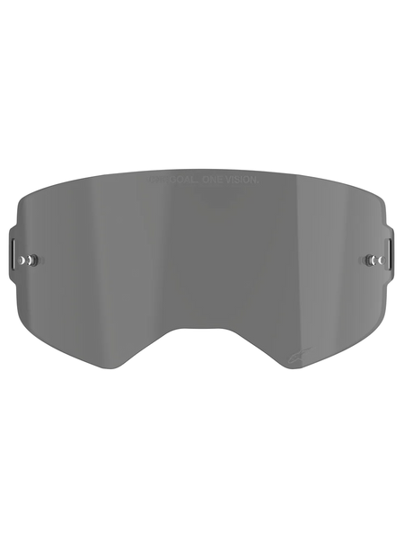 Alpinestars Supertech Smoke Lens, Dark Smoke replacement lens for motocross goggles, curved injection-molded polycarbonate shield with tear-off posts, featuring 'ONE GOAL. ONE VISION.' branding and Alpinestars star logo