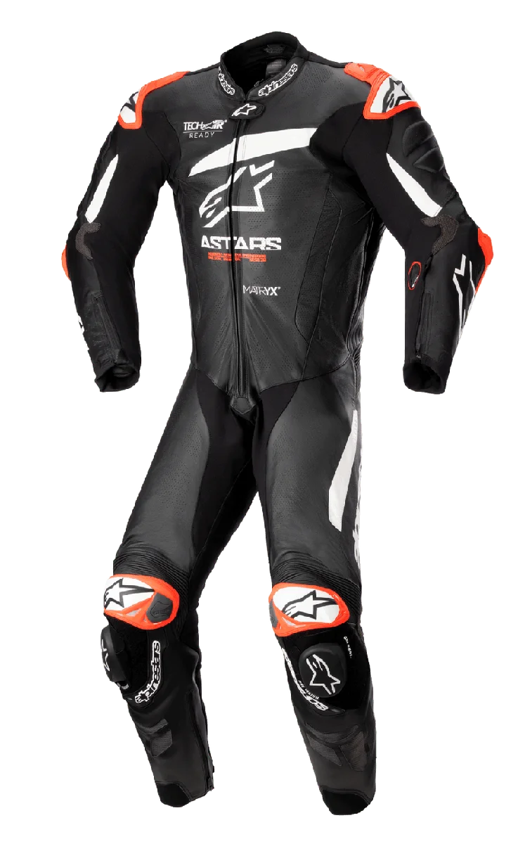 Alpinestars GP Plus V4 One Piece Leather Suit in black and white with red accents, Tech-Air Ready motorcycle racing suit.
