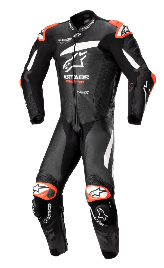 Alpinestars GP Plus V4 One Piece Leather Suit in black and white with red accents, Tech-Air Ready motorcycle racing suit.