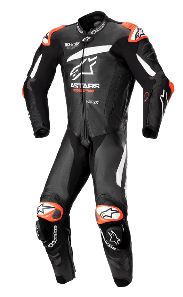 Alpinestars GP Plus V4 One Piece Leather Suit in black and white with red accents, Tech-Air Ready motorcycle racing suit.