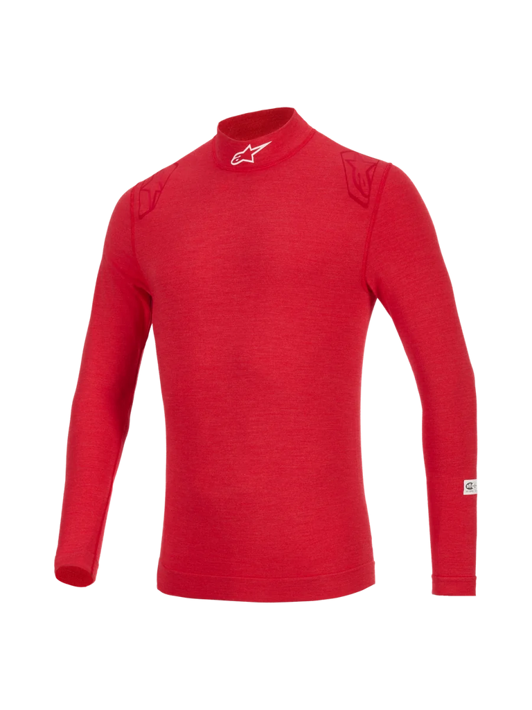 Alpinestars ZX Evo V3 Top - Long Sleeve, Red flame-resistant auto racing base layer, featuring high neck with white logo, tonal red shoulder details, and lightweight technical fabric for professional driver protection.