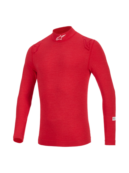 Alpinestars ZX Evo V3 Top - Long Sleeve, Red flame-resistant auto racing base layer, featuring high neck with white logo, tonal red shoulder details, and lightweight technical fabric for professional driver protection.
