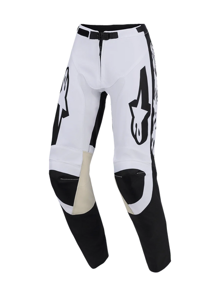Alpinestars 2026 Racer Riway Pants, Motocross Pants, White and Black, featuring tan goat leather inner knee panels, large black Alpinestars logos on the thighs, magnetic buckle closure, and sporty pre-curved design for off-road riding
