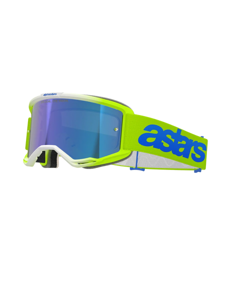 Alpinestars Vision 5 Blaze Goggles, Motocross Goggles, Fluo Yellow and Blue, featuring a blue mirror-tinted lens, neon yellow frame with white trim, adjustable strap with bold blue Astars branding, performance off-road racing eye protection