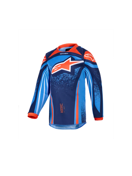 Alpinestars 2026 Kids Racer Nomur Jersey, Youth Motocross Long-Sleeve Jersey, Dark Navy, Orange, and UCLA Blue, featuring a large white and orange star logo, vibrant geometric and speckled graphics, orange collar and cuffs, performance fabric for youth motocross racing