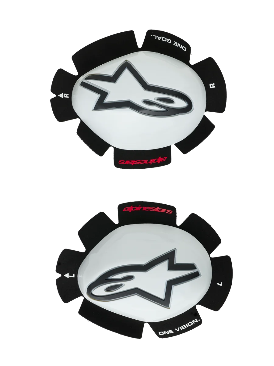 Alpinestars GP Tech Knee Sliders, Motorcycle Knee Protectors, White and Black, set of left and right sliders featuring white plastic shells with black Astar logos, hook-and-loop backing with 'ONE GOAL ONE VISION' text, high-performance racing gear