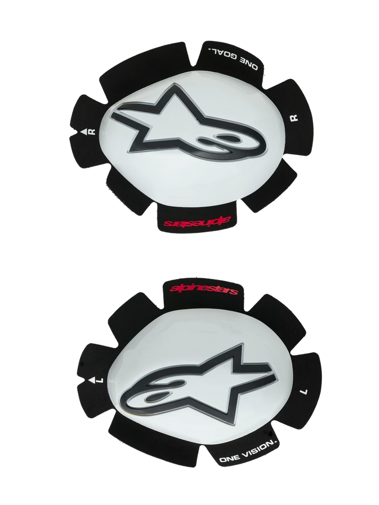Alpinestars GP Tech Knee Sliders, Motorcycle Knee Protectors, White and Black, set of left and right sliders featuring white plastic shells with black Astar logos, hook-and-loop backing with 'ONE GOAL ONE VISION' text, high-performance racing gear