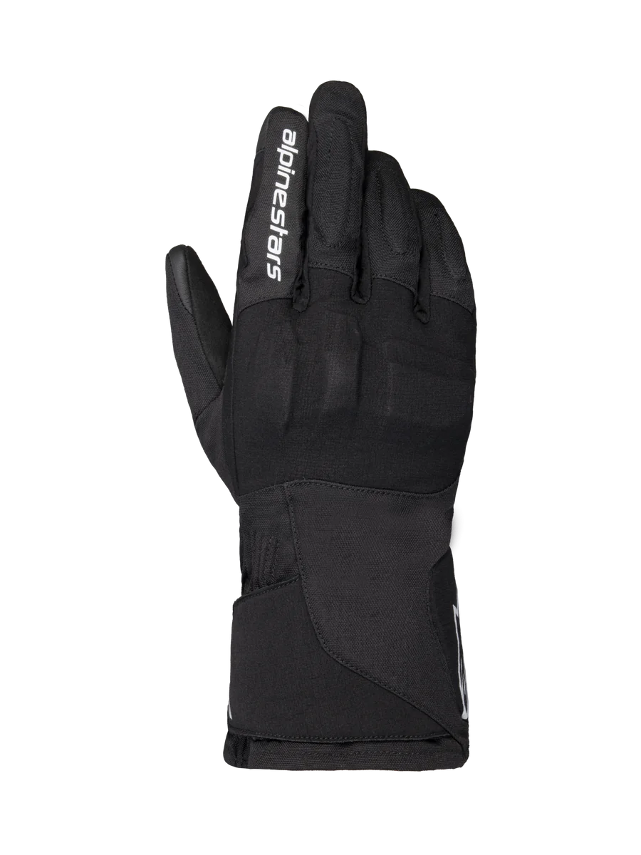 Alpinestars WT-1 Drystar Insulated Gloves, Motorcycle Gloves, Black, textile construction with integrated knuckle protection, white Alpinestars branding on the index finger, long gauntlet cuff, waterproof and thermal riding gear for road and adventure use
