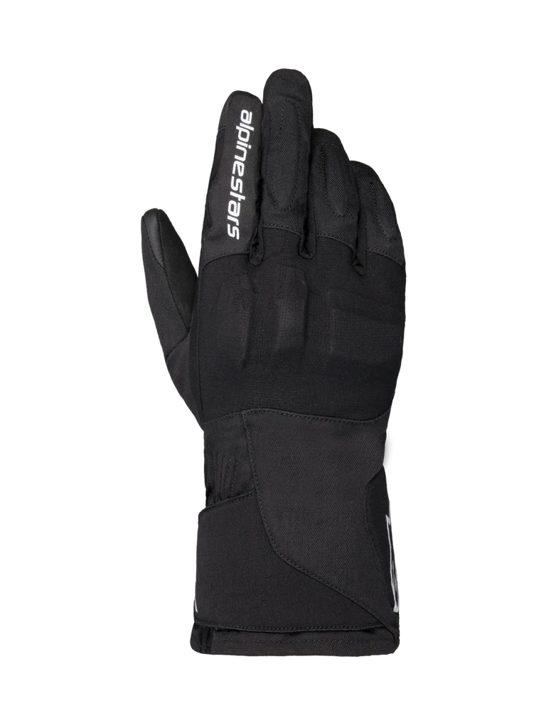 Alpinestars WT-1 Drystar Insulated Gloves, Motorcycle Gloves, Black, textile construction with integrated knuckle protection, white Alpinestars branding on the index finger, long gauntlet cuff, waterproof and thermal riding gear for road and adventure use