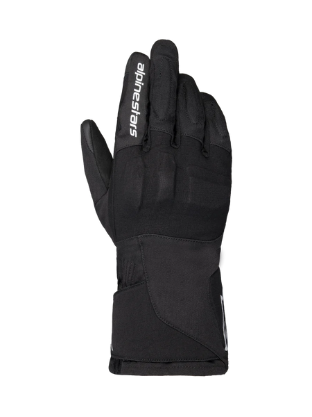 Alpinestars WT-1 Drystar Insulated Gloves, Motorcycle Gloves, Black, textile construction with integrated knuckle protection, white Alpinestars branding on the index finger, long gauntlet cuff, waterproof and thermal riding gear for road and adventure use